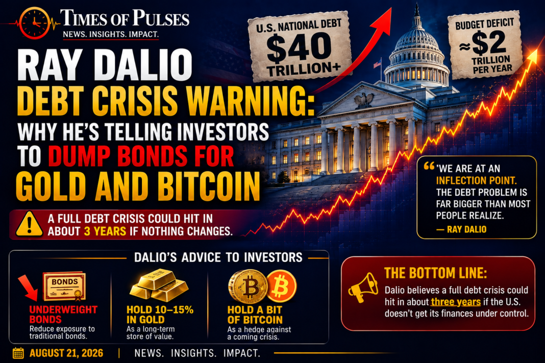 Ray Dalio debt crisis warning graphic showing gold and bitcoin vs bonds