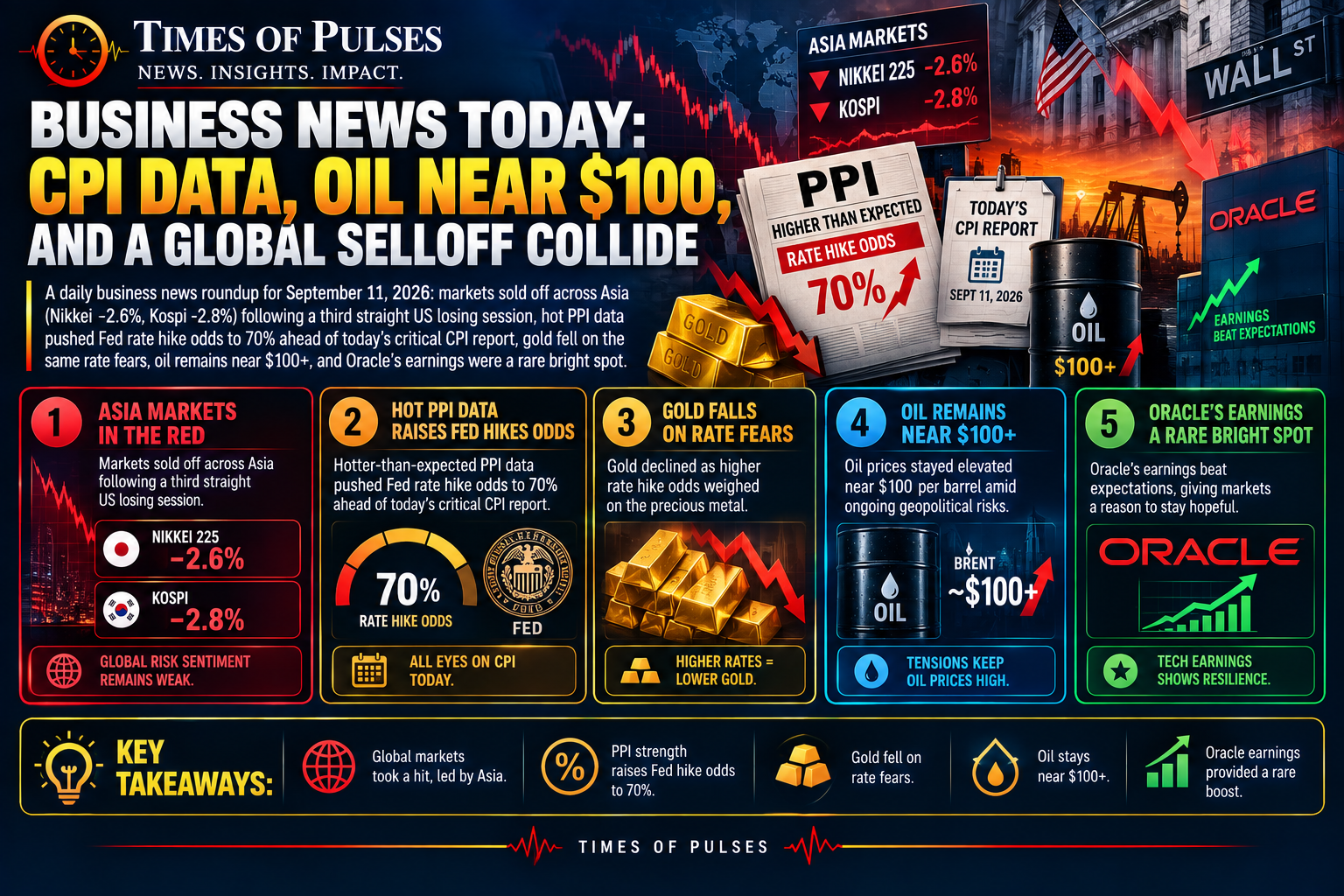 Business news today roundup graphic showing global market selloff and CPI countdown