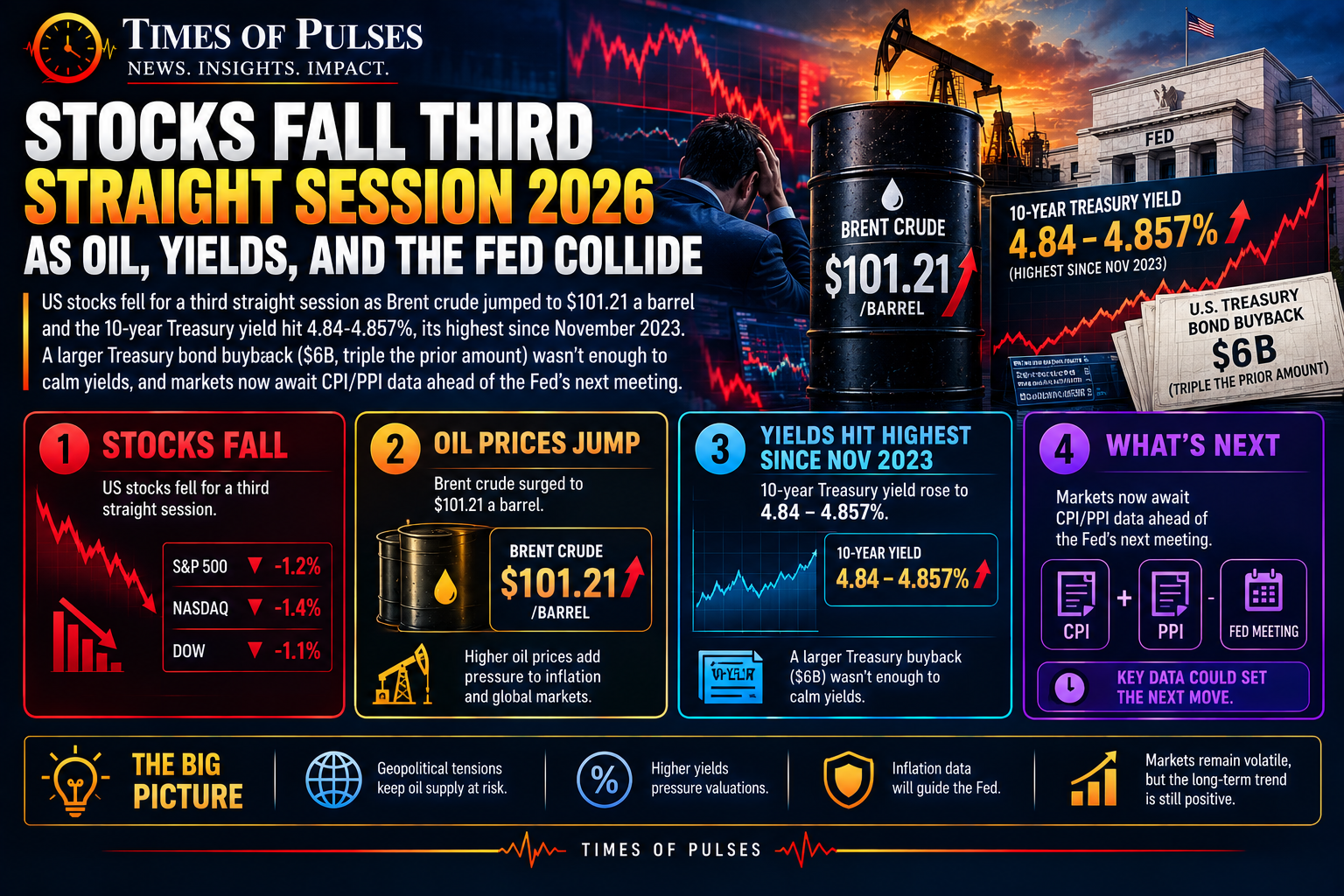 Stocks fall third straight session chart showing Dow decline amid rising oil and yields